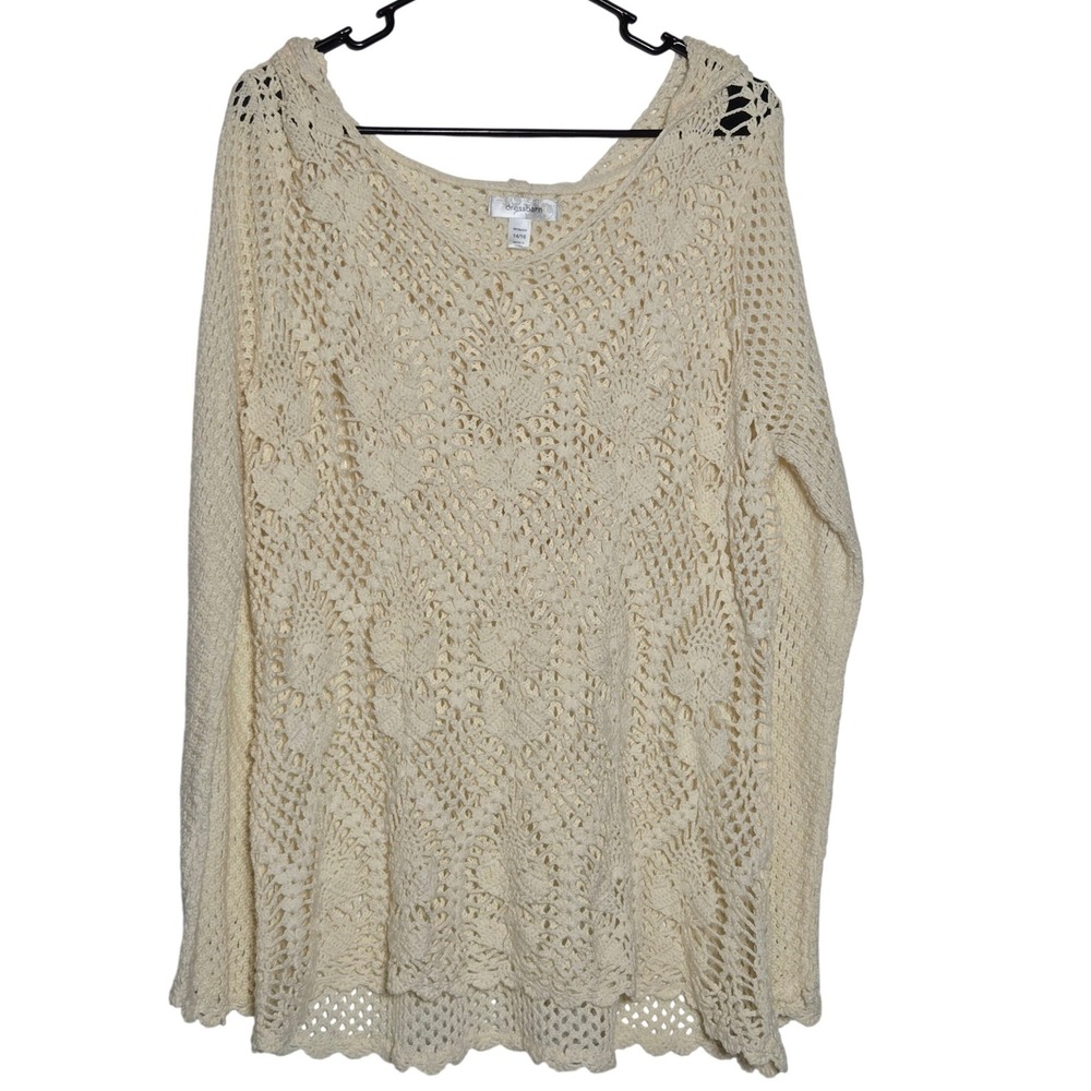 Dressbarn Woman Ivory Crochet Knit Hoodie Sweater 14/16 Boho Open Knit Neutral